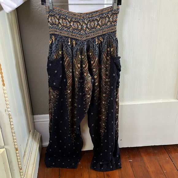 2 x $12 Happy Trunks Peacock Print Harem Boho Pants Navy Orange Size L - Picture 15 of 15